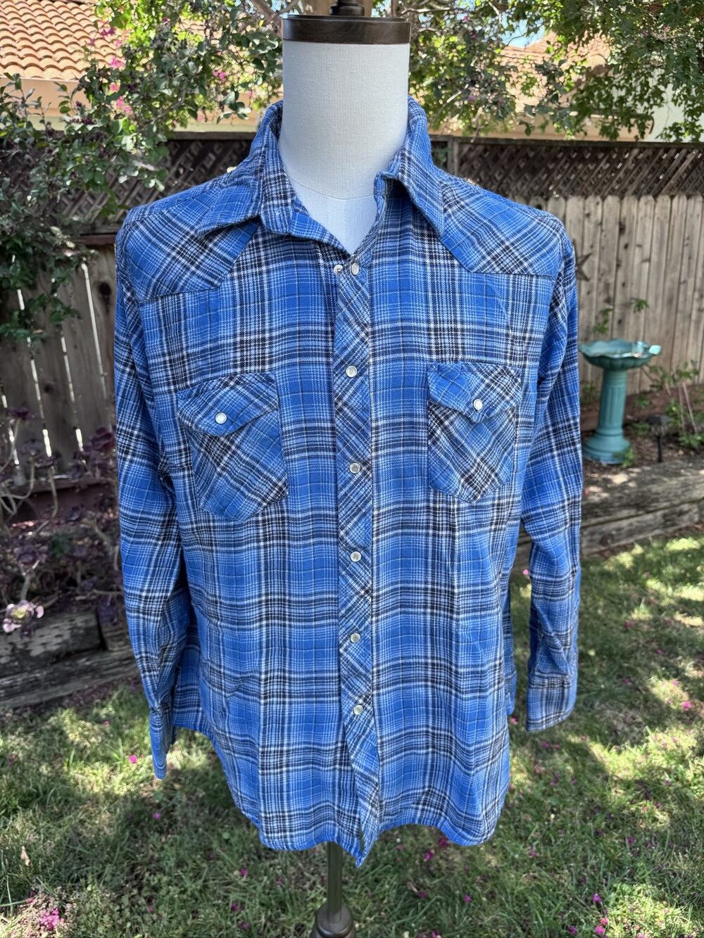 Wrangler Wrancher Men's XL Plaid Long Sleeve Pearl Snap Button Shirt Top